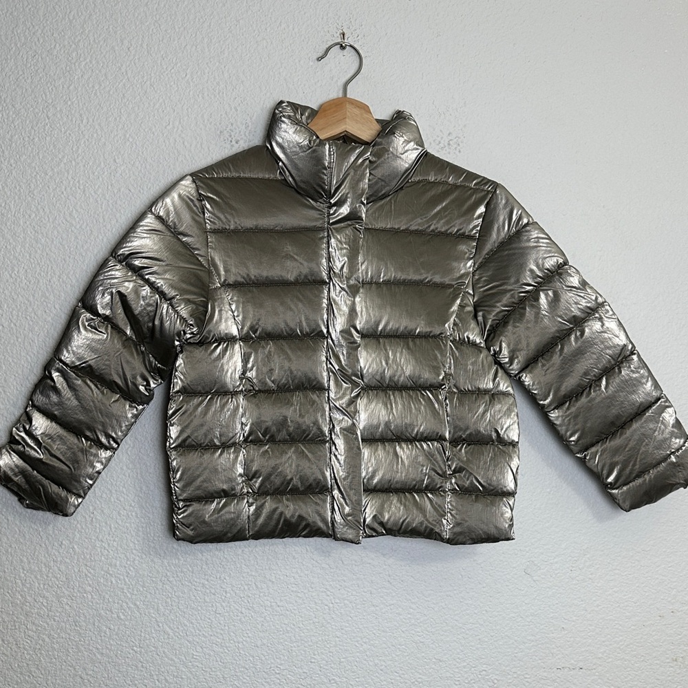 ZARA Metallic Short Puffer Jacket Youth Girls 8-9 Full Zip Snap Button Outerwear